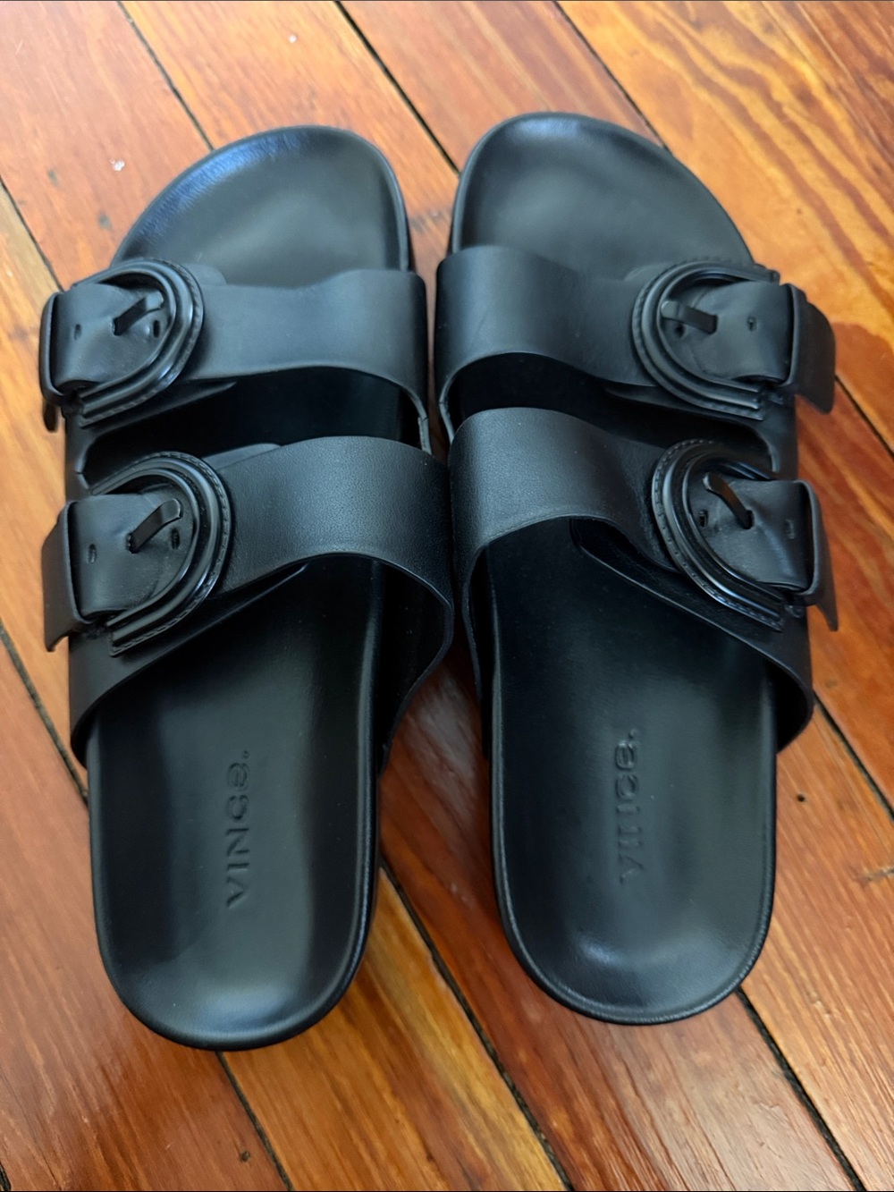 Vince Leather Double Strap Slide Sandals - Black